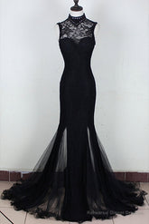 Charming Black Mermaid Backless Long Evening Dress, High Neckline Prom Dress